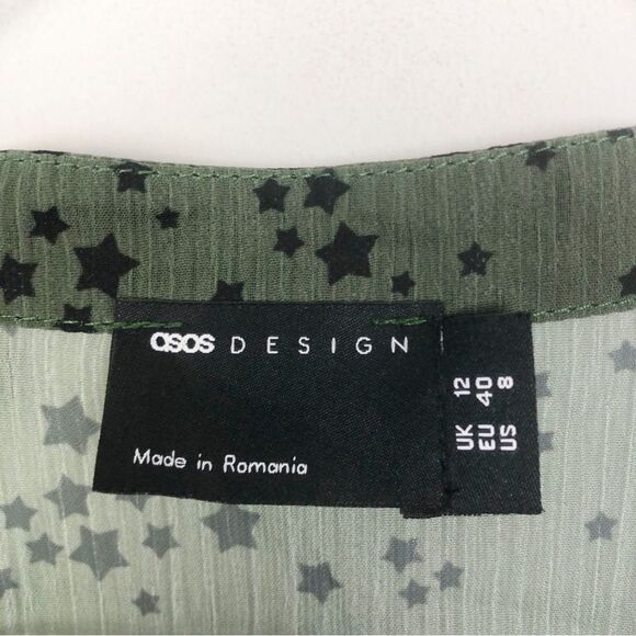 ASOS | Star Print Sheer Green Blouse Tie Front Ruffle Bottom Women’s Size 8 - Picture 10 of 10